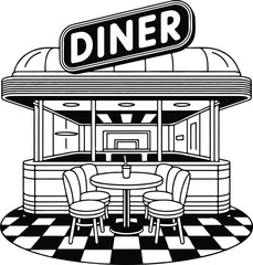 Uses strong searchable terms (vintage, 1950s, diner, black and white, vector