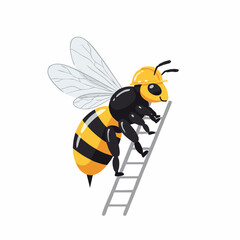 A diligent cartoon bee, adorned with a bright yellow hard hat, industriously ascends a sturdy ladder, symbolizing hard work and construction.
