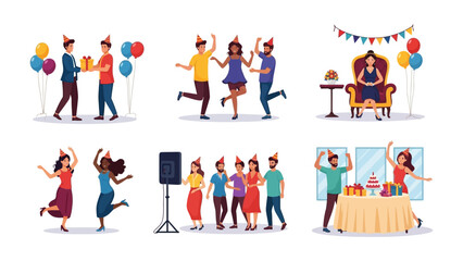 Naklejka premium Celebration Compilation: A joyful collage of party scenes unfolds, each frame brimming with people dancing, exchanging gifts, and reveling in the festive atmosphere.