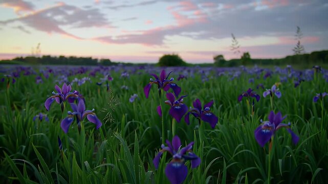 Blooming Purple Iris Flowers in a Lush Green Meadow Under Soft Sunset Sky