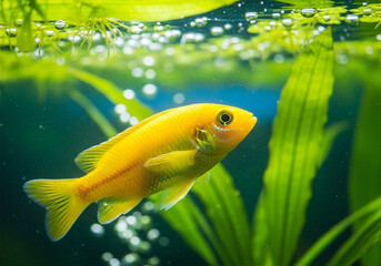 A bright yellow fish, a species of  goldfish or similar, is swimming in a vibrant aquatic environment