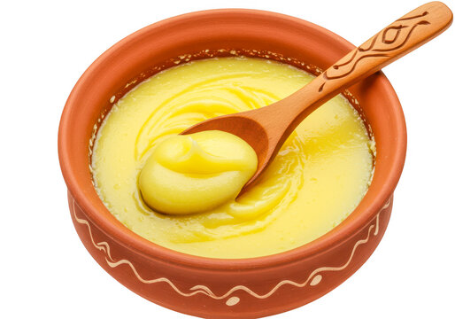 A wooden spoon scooping ghee from a clay pot isolated on transparent background