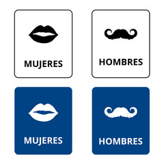 Mujeres y hombres bathroom banner with drawings of mouth and a moustache on a white and blue background (trad. women, men)