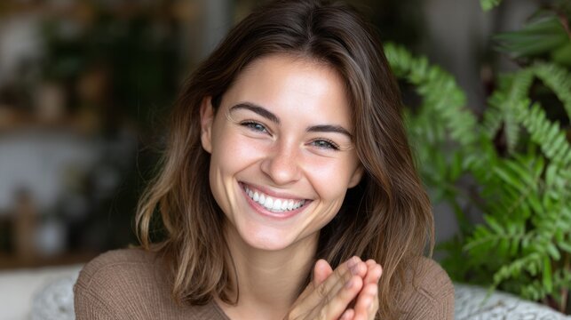 Young team member clapping enthusiastically during a virtual meeting with colleagues in a cozy setting - Powered by Adobe