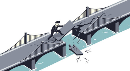 Businessman rebuilding broken bridge, overcoming challenges and finding solutions