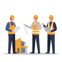 Obraz premium Professional construction engineers in safety gear meticulously review architectural blueprints and discuss building plans, demonstrating teamwork and project management expertise.