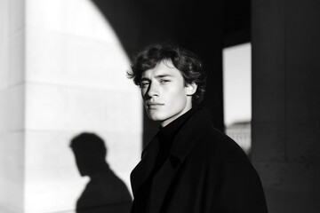 Dramatic black and white portrait of young man in coat with strong shadows and sunlight