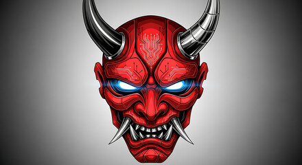 Red oni mask with horns and glowing blue eyes