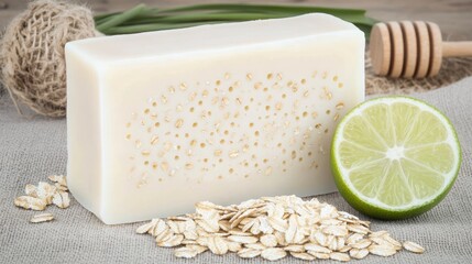 Handmade soap with oatmeal, shea butter, and honey arranged alongside craft paper, showcasing a natural beauty theme