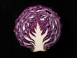 Obraz premium A photorealistic top-down view of a single, large red cabbage sliced in half, placed on a simple black background. 