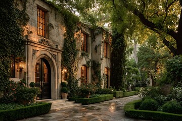 Fototapeta premium Elegant arched doorway of luxurious home framed by hedges in golden light 