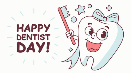 Happy cartoon tooth character celebrating Dentist Day with toothbrush  