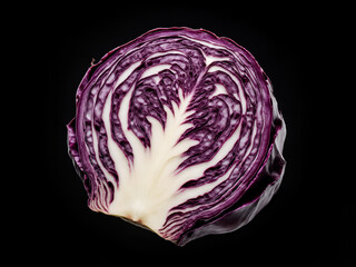 Fototapeta premium A photorealistic top-down view of a single, large red cabbage sliced in half, placed on a simple black background. 