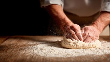 A baker kneads dough on a wooden table, with flour dust floating in the air, in a rustic kitchen