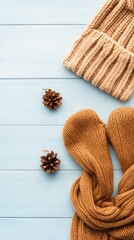 A cozy winter display with a mustard yellow wool blanket, scarf, gloves, and hat arranged on a light wooden surface