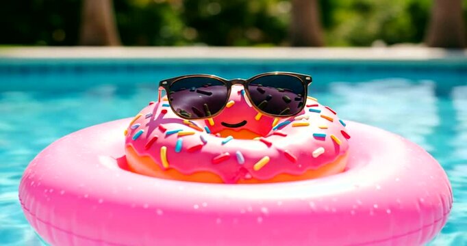 Colorful donut floatie with sunglasses in pool