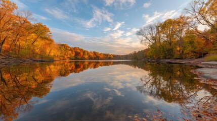 Serene Autumn Reflections Over Calm Waters of a Picturesque Lake Surrounded by Vibrant Fall Foliage at Sunset
