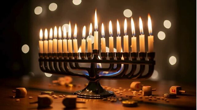 Warm Hanukkah celebration with glowing menorah and spinning dreidels creates magical holiday atmosphere