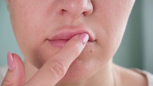 The woman made lip augmentation. The gel went beyond the lip. Migration of the filler into the circular muscle of the mouth
