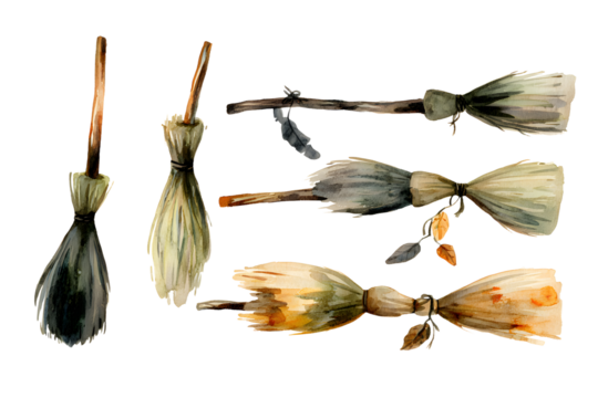 ollection of halloween broomsticks watercolor illustration isolated