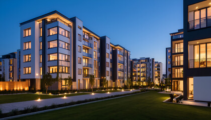Obraz premium The art of urban design: a stunning visual of clean, modern buildings at dusk.