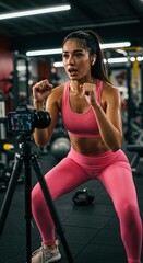 Fitness influencer recording a workout video in a gym, showcasing exercise and workout techniques for online followers and viewers.