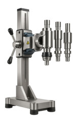 Modular diamond drill stand with interchangeable heads and a quick-connect system for adaptation to various drill bit sizes in oil exploration.