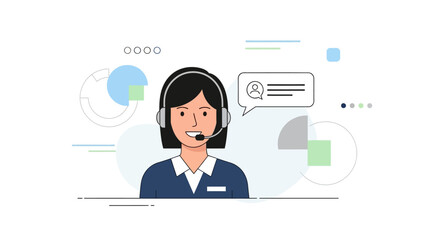 Friendly female customer support operator wearing headset and assisting with communication in a simple, bright illustration