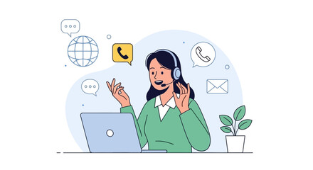 Smiling woman providing remote client support with headset and laptop, customer service representative