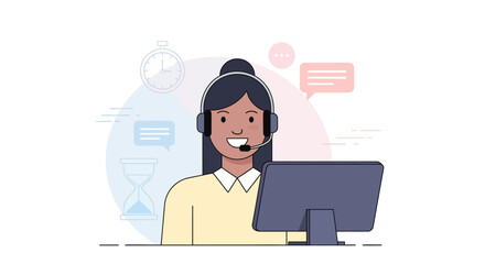 Friendly female customer service representative wearing headset at computer