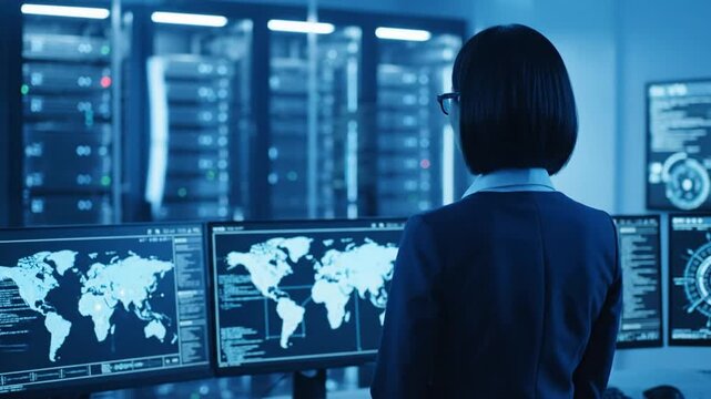 Woman in Dark Blue Suit Examining World Map Data on Multiple Computer Screens