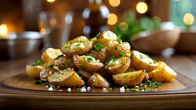 Delicious roasted potatoes with herbs and seasoning served on wooden board in rustic kitchen with warm ambient light