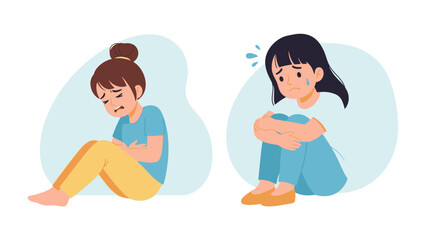 Sadness in Pairs: Two young girls sit, depicting the weight of sorrow. Their downcast eyes and posture portray a touching moment of grief and solitude.