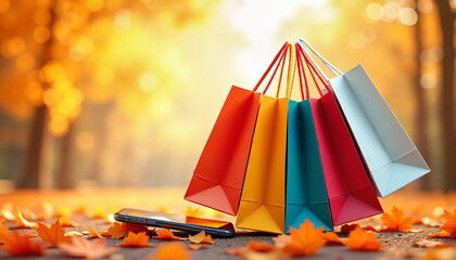 Colorful shopping bags on autumn leaves with a smartphone nearby  