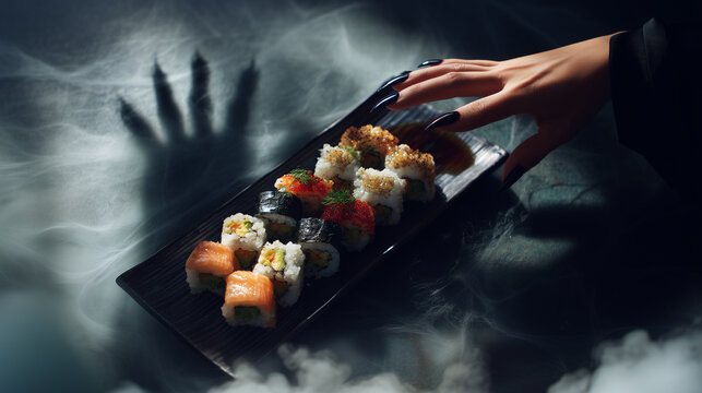 Halloween sushi plate with witch hand and black nails reaching in dramatic moody light with spooky shadows. 