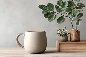 Streamlined counter showing mug and greenery underscoring orderly and effective environment  
