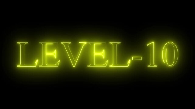 Level-10 text font with glowing neon line. level-10 neon bright text font colorful 4k video animation.  Level-10 text font with neon light Animation on black background and yellow color text..