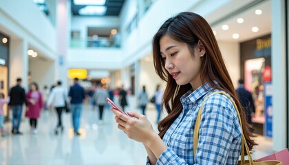 Young Woman Using Smartphone in Shopping Mall asian