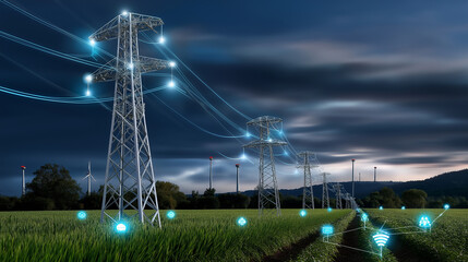 Sustainable Glow of Energy Icons with Pylons in Green Fields