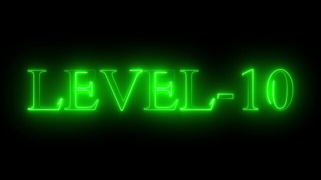Level-10 text font with glowing neon line. level-10 neon bright text font colorful 4k video animation.  Level-10 text font with neon light Animation on black background and green color text..