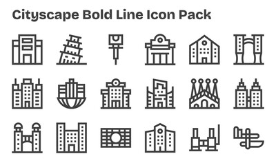 Cityscape Icon Set - 18 Bold Line Graphics