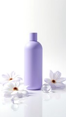 A lavender bottle with white flowers and clear glass balls, representing beauty product and nature beauty
