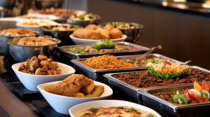 A vibrant buffet spread featuring various delicious dishes, salads, and appetizers in a modern dining setting