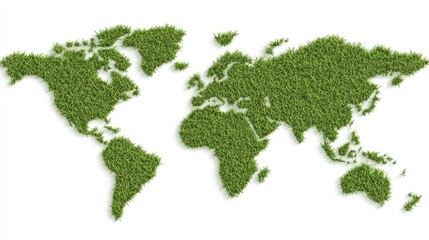 A world map is creatively formed using grass against a clean white backdrop, highlighting the fusion of nature and cartography in a modern aesthetic