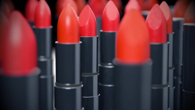 Multiple red lipsticks in dark tubes rotate slowly against a black reflective surface, creating an elegant and visually appealing presentation. 3D render animation. Close up