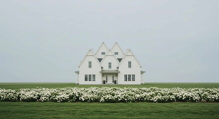 Stylized image of a dream house with a dark roof, surrounded by a pristine green lawn.