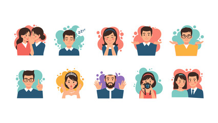 People in diverse emotions: A collection of character portraits showcases individuals with varying emotions. Every illustration captures a unique expression.