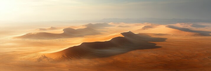 Endless golden dunes stretch across the vast desert landscape at sunrise