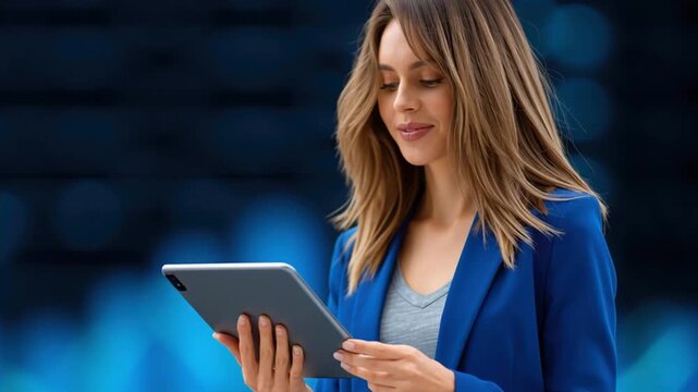 Woman using tablet to analyze q4 company reports in digital business environment with technology focus and professional positive expression