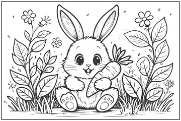 an adorable cartoon bunny line art illustration